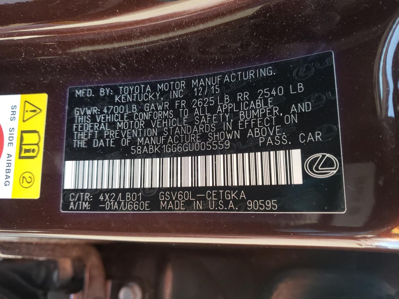 Photo 10 from auction – 2016 LEXUS ES 350 with VIN 58ABK1GG6GU005559