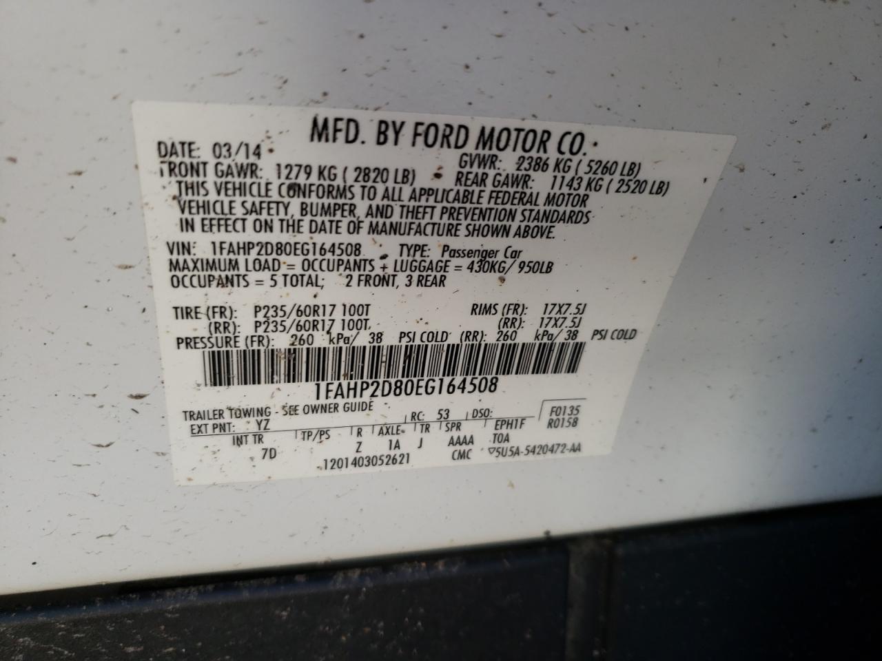 Photo 10 from auction – 2014 FORD TAURUS with VIN 1FAHP2D80EG164508