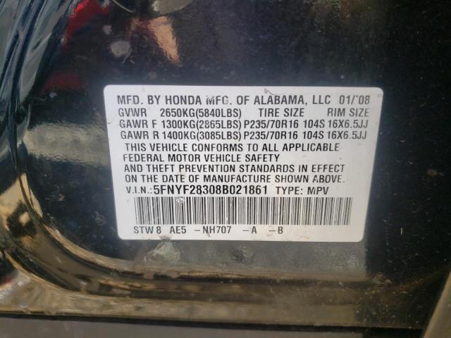 HONDA PILOT SE 2008 with VIN 5FNYF28308B021861 - Photo from auction