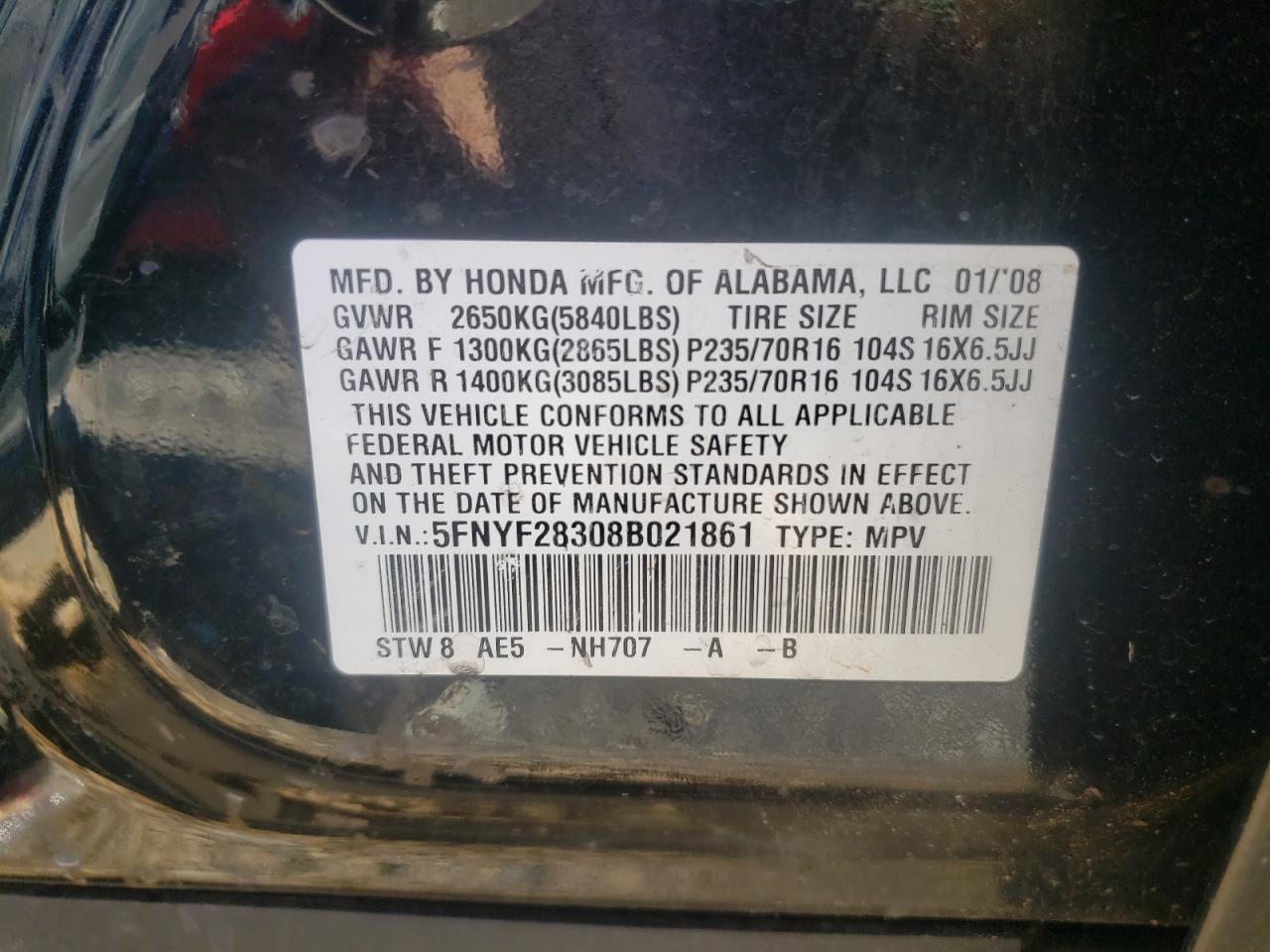 Photo 11 from auction – 2008 HONDA PILOT SE with VIN 5FNYF28308B021861