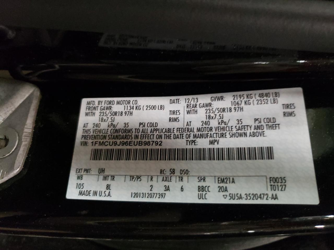 صورة رقم 10 من المزاد - 2014 FORD ESCAPE TIT مع VIN 1FMCU9J96EUB98792