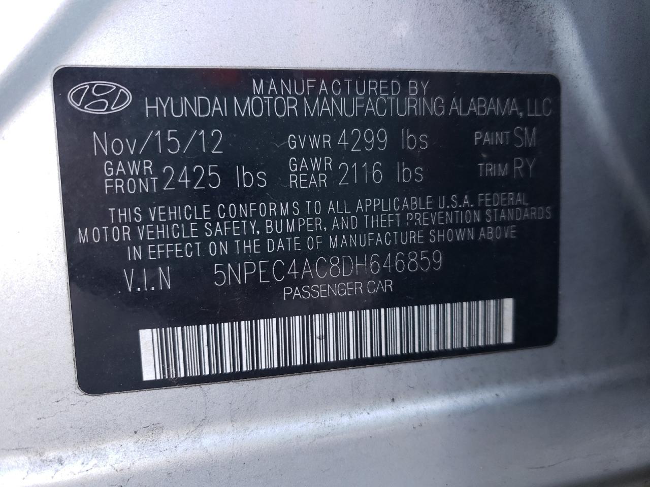 Photo 10 from auction – 2013 HYUNDAI SONATA SE with VIN 5NPEC4AC8DH646859