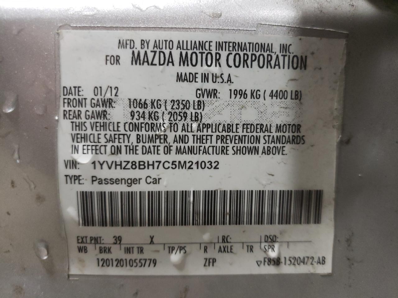 Photo 10 from auction – 2012 MAZDA 6 I with VIN 1YVHZ8BH7C5M21032