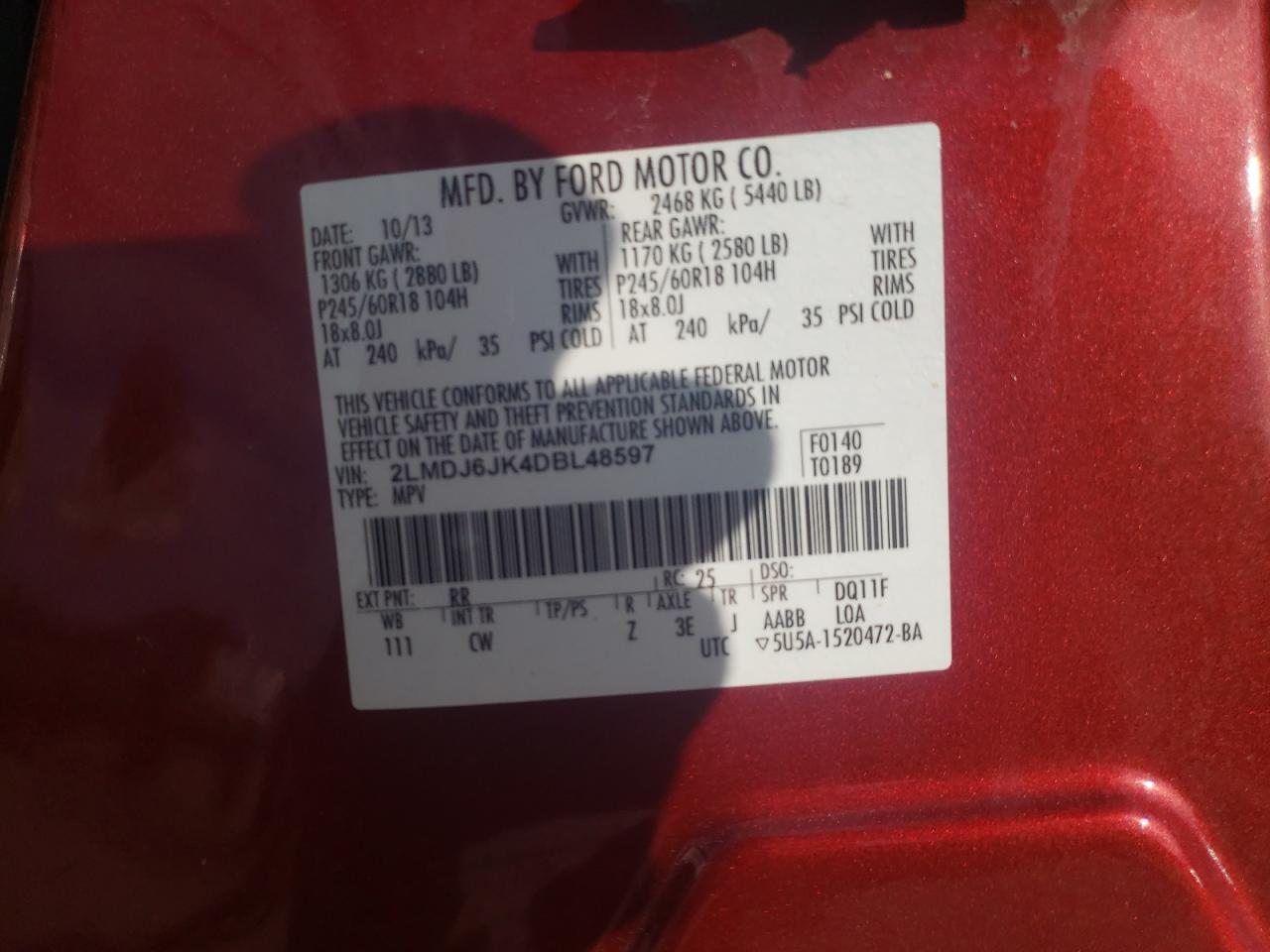 Photo 10 from auction – 2013 LINCOLN MKX with VIN 2LMDJ6JK4DBL48597