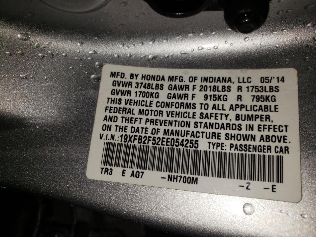 Photo 10 from auction – 2014 HONDA CIVIC LX with VIN 19XFB2F52EE054255