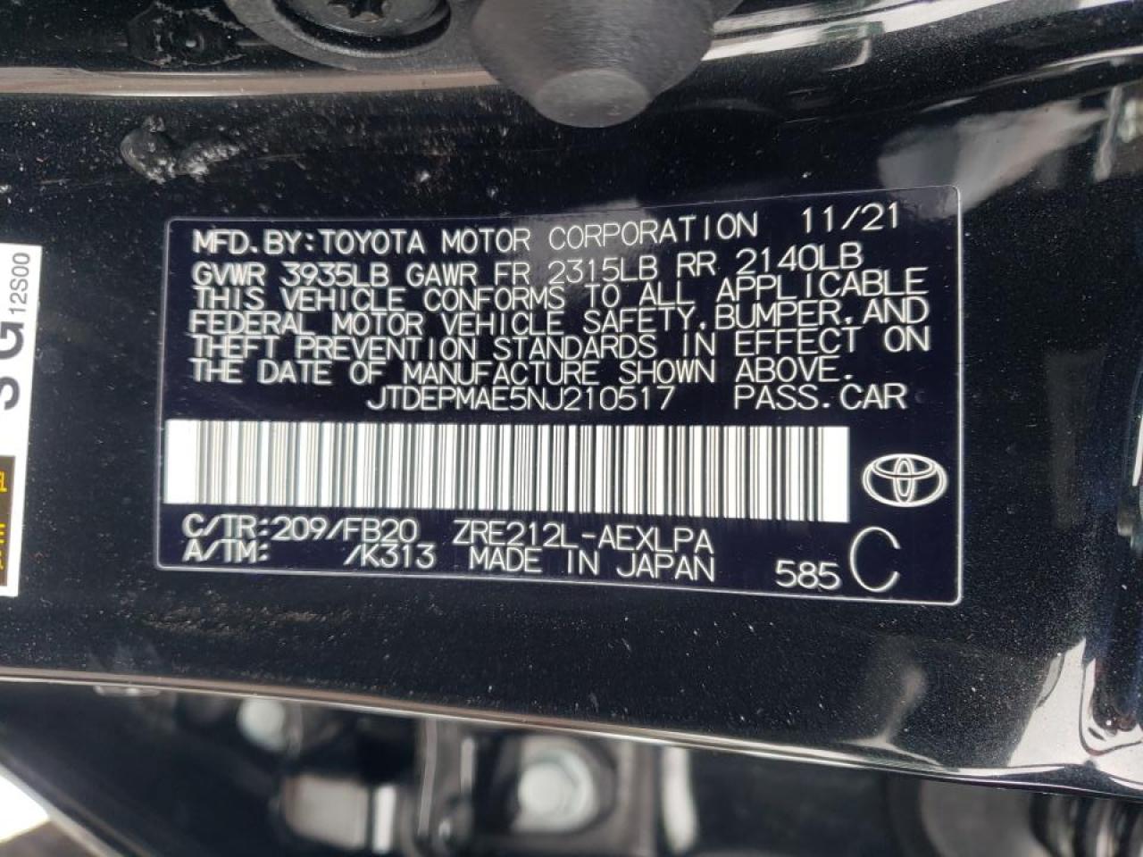 Photo 10 from auction – 2022 TOYOTA COROLLA LE with VIN JTDEPMAE5NJ210517