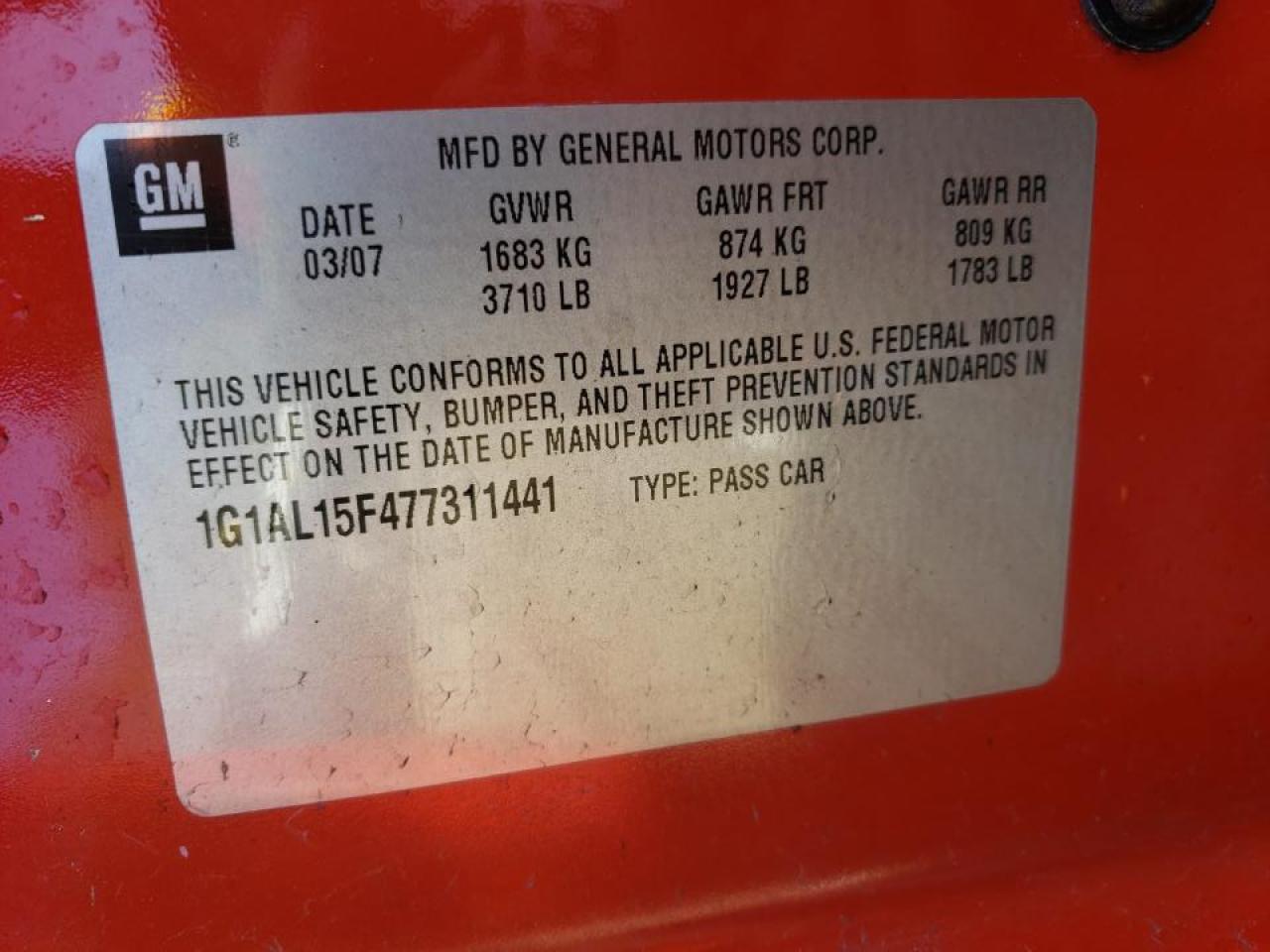 Photo 10 from auction – 2007 CHEVROLET COBALT LT with VIN 1G1AL15F477311441