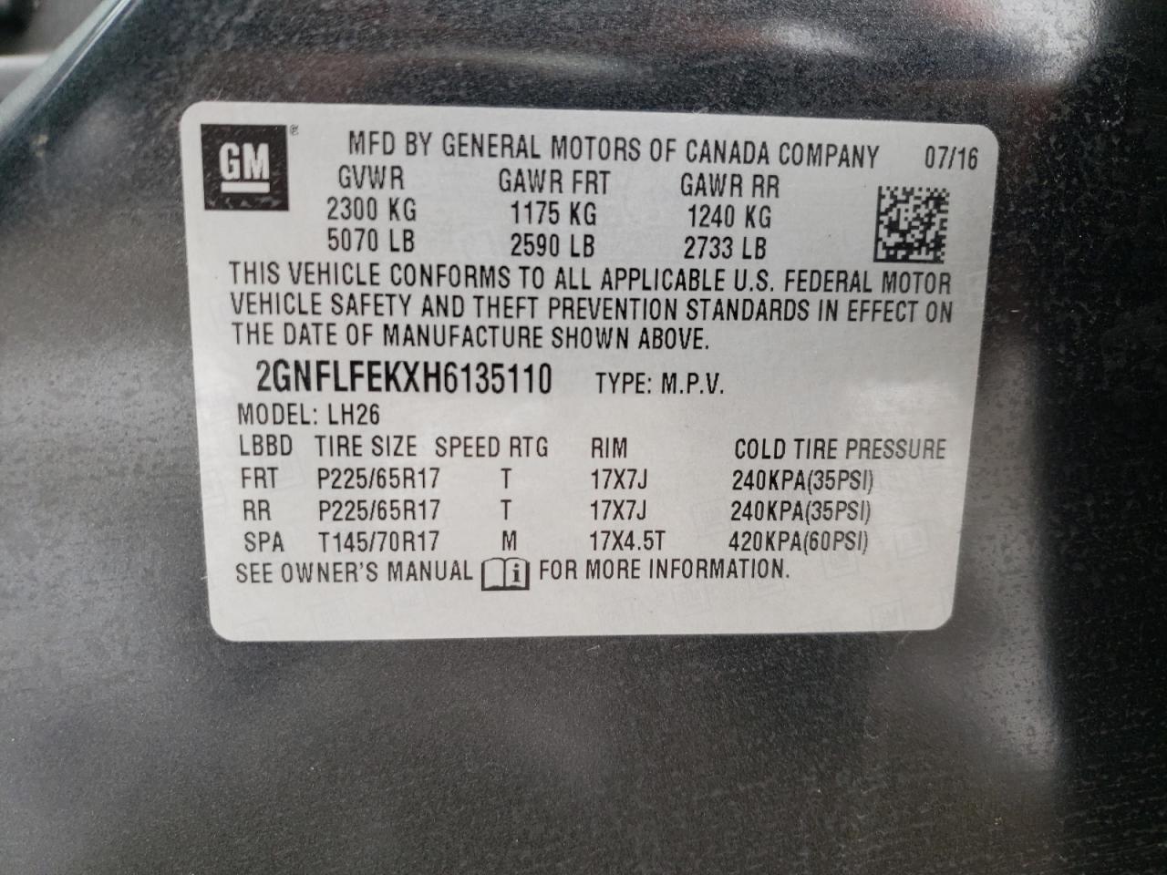 Photo 10 from auction – 2017 CHEVROLET EQUINOX LT with VIN 2GNFLFEKXH6135110