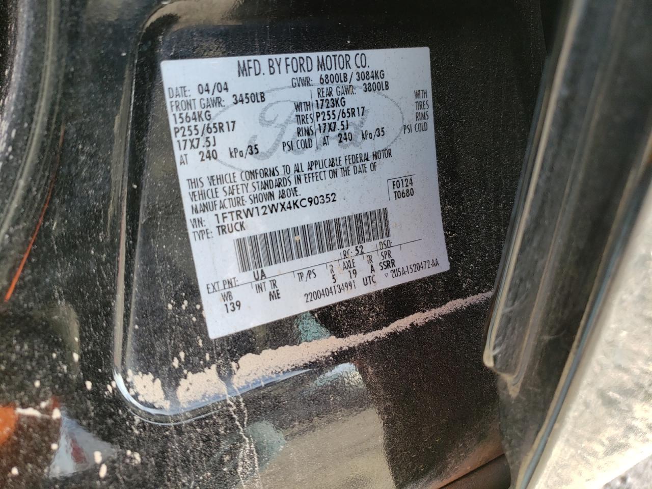 Photo 10 from auction – 2004 FORD F150 SUPER with VIN 1FTRW12WX4KC90352