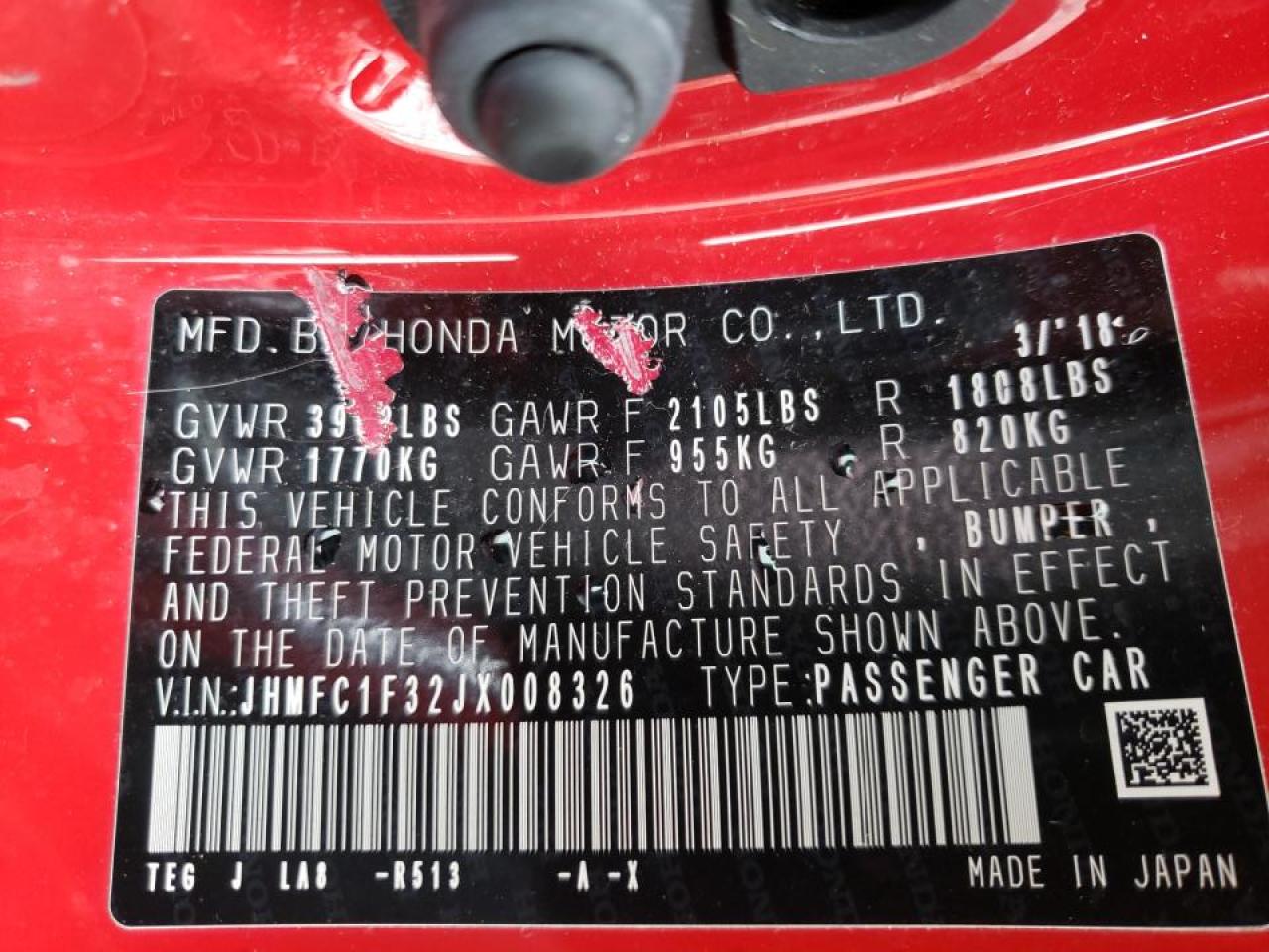 Photo 10 from auction – 2018 HONDA CIVIC EX with VIN JHMFC1F32JX008326