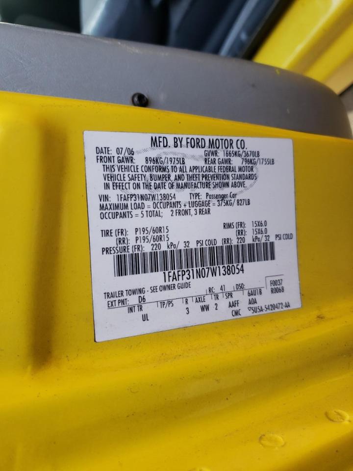 Photo 10 from auction – 2007 FORD FOCUS ZX3 with VIN 1FAFP31N07W138054