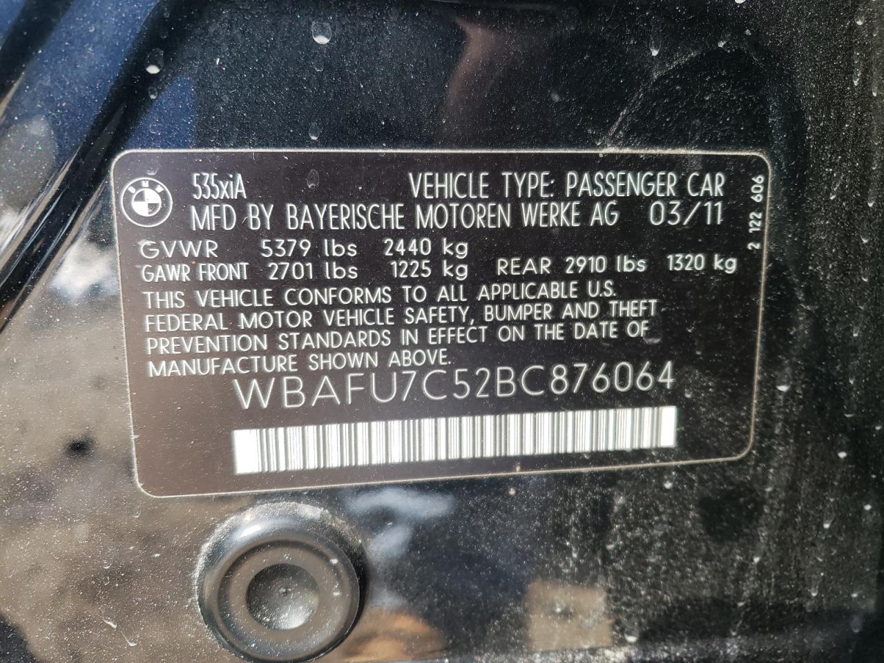 Photo 10 from auction – 2011 BMW 535 XI with VIN WBAFU7C52BC876064