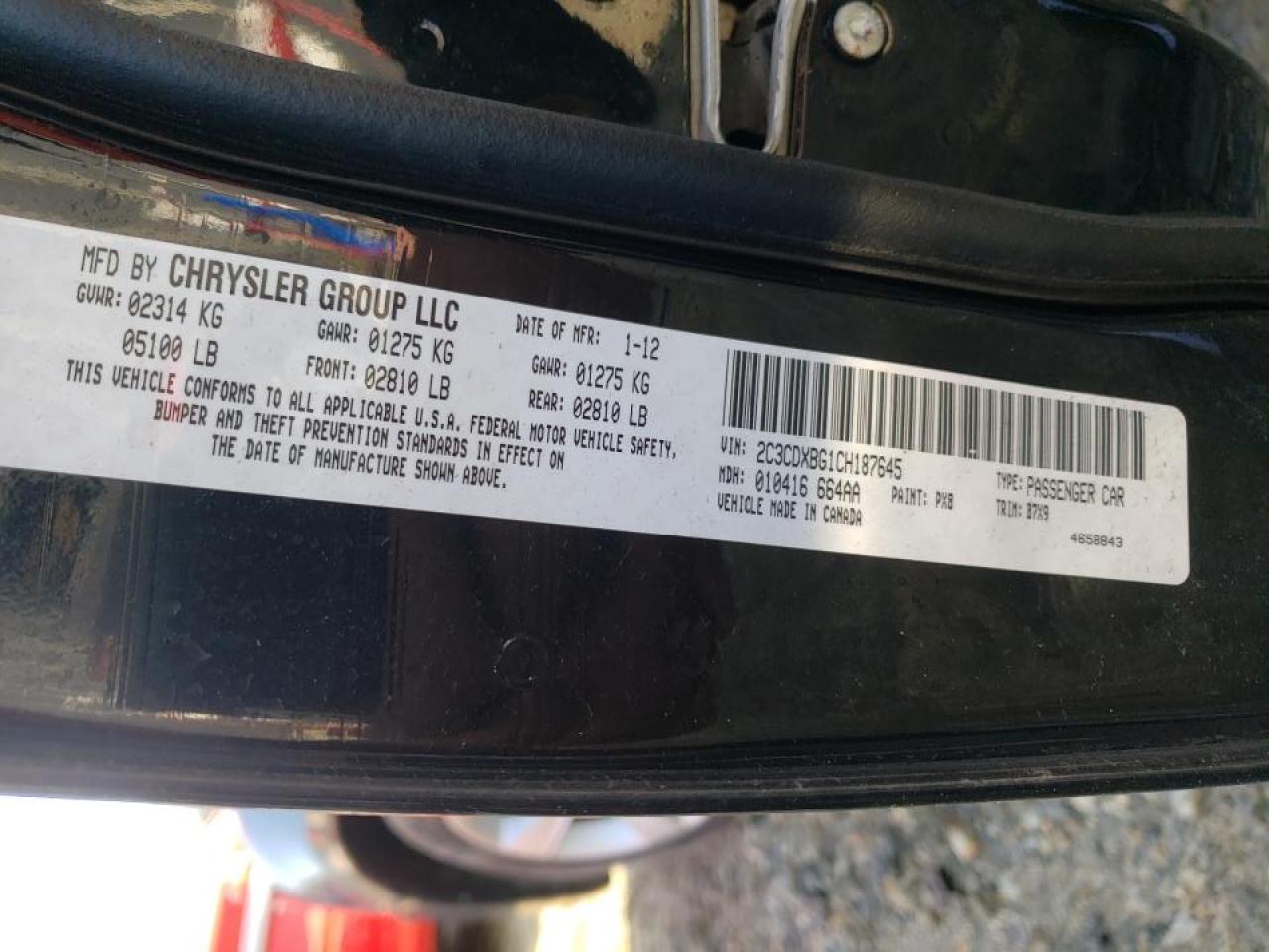 Photo 10 from auction – 2012 DODGE CHARGER SE with VIN 2C3CDXBG1CH187645