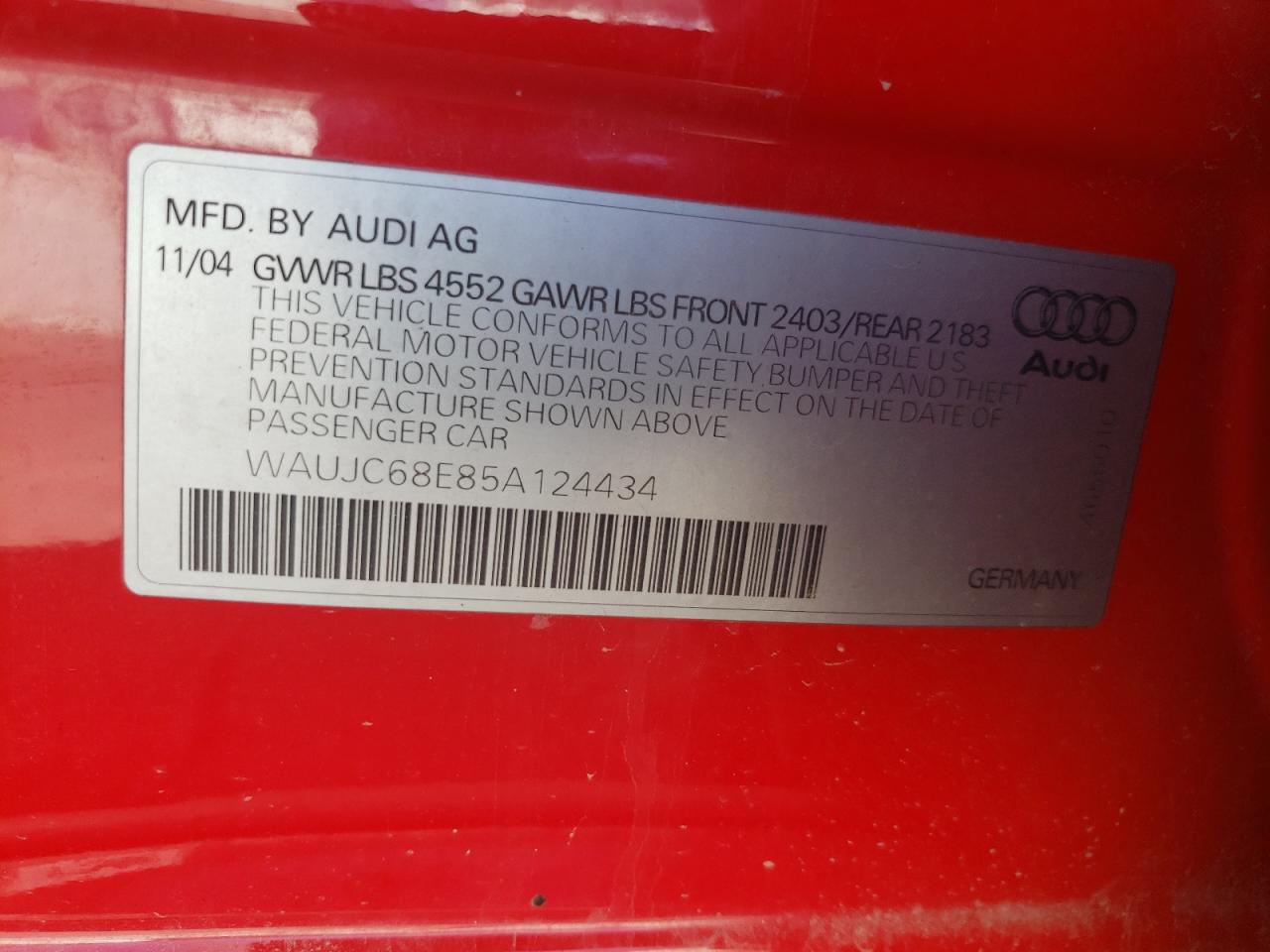 Photo 10 from auction – 2005 AUDI A4 1.8T with VIN WAUJC68E85A124434