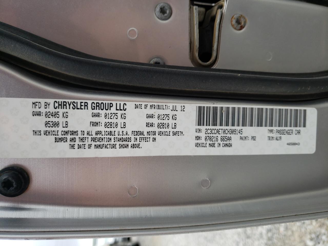 Photo 10 from auction – 2012 CHRYSLER 300C with VIN 2C3CCAET0CH309145