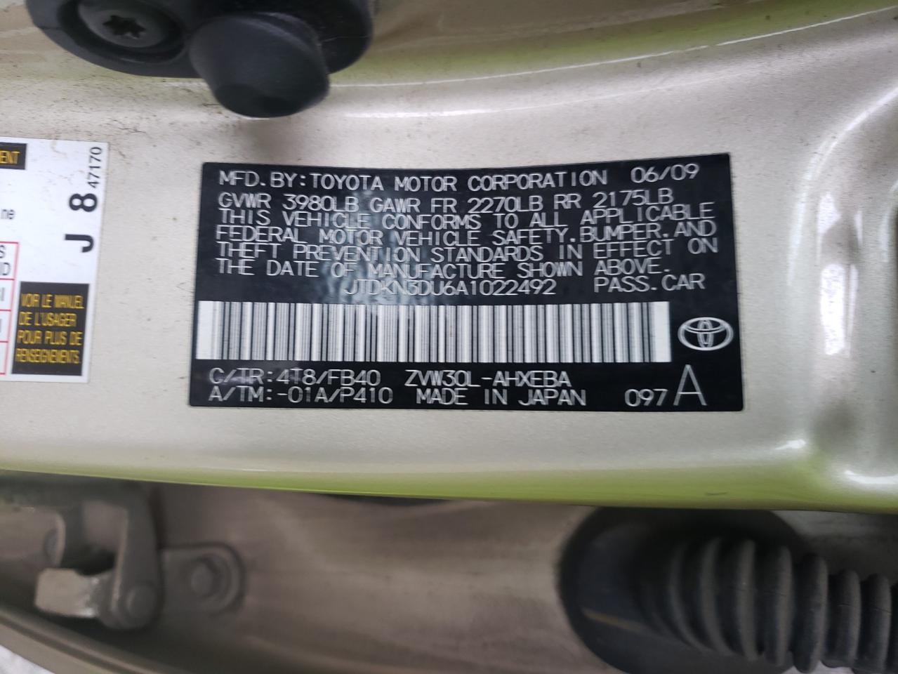 Photo 10 from auction – 2010 TOYOTA PRIUS with VIN JTDKN3DU6A1022492