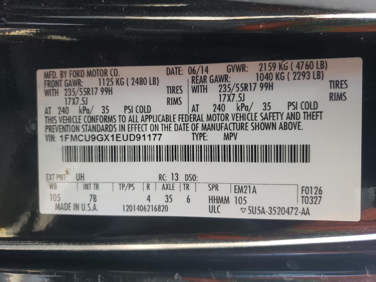 Photo 10 from auction – 2014 FORD ESCAPE SE with VIN 1FMCU9GX1EUD91177