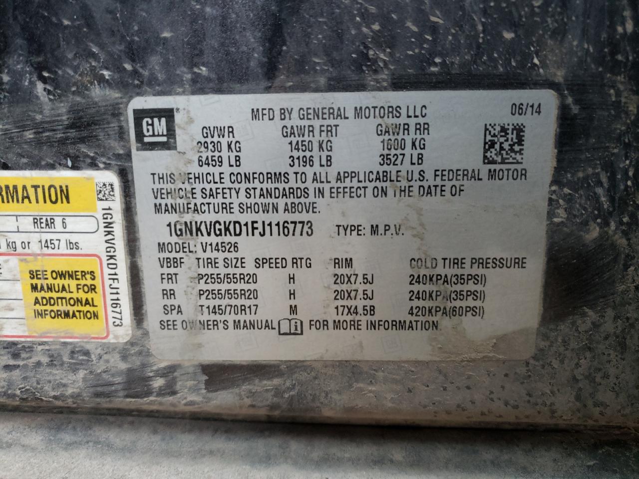 Photo 10 from auction – 2015 CHEVROLET TRAVERSE L with VIN 1GNKVGKD1FJ116773
