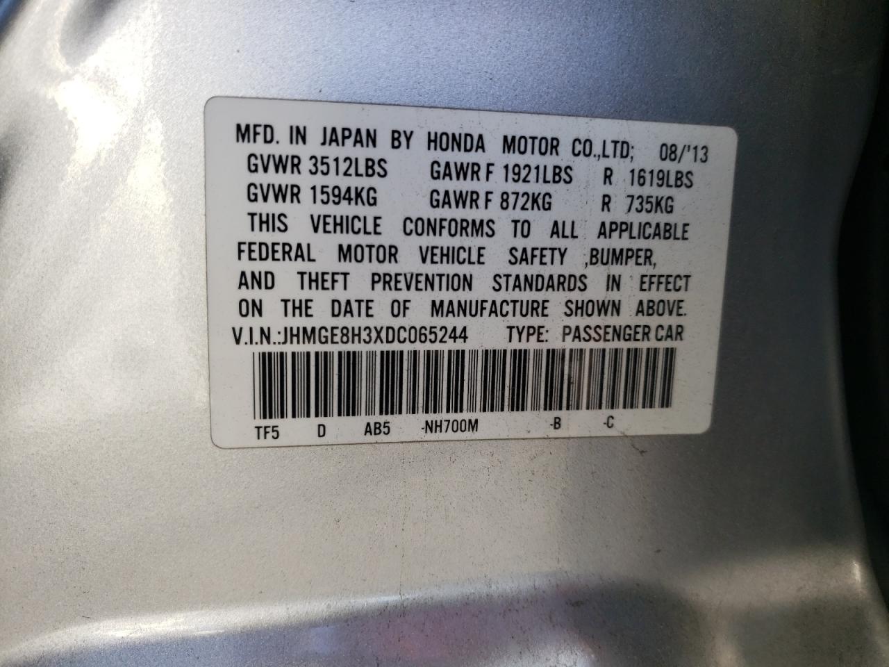 Photo 10 from auction – 2013 HONDA FIT with VIN JHMGE8H3XDC065244