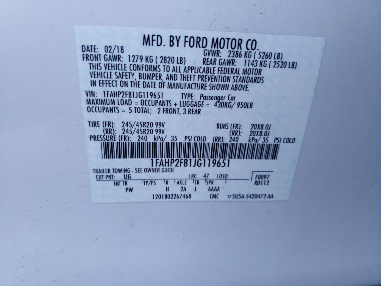 Photo 10 from auction – 2018 FORD TAURUS LIM with VIN 1FAHP2F81JG119651