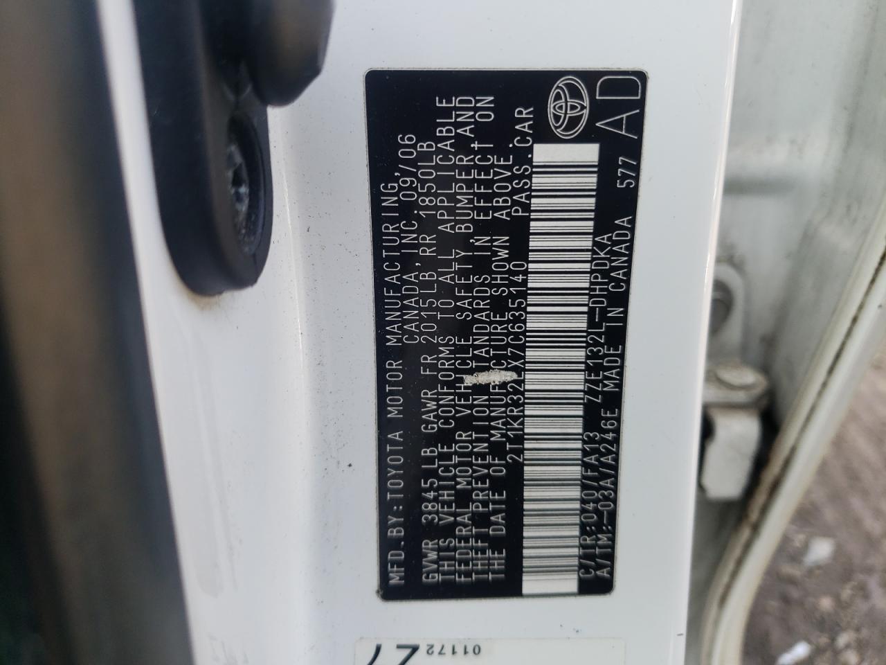 Photo 10 from auction – 2007 TOYOTA COROLLA MA with VIN 2T1KR32EX7C635140