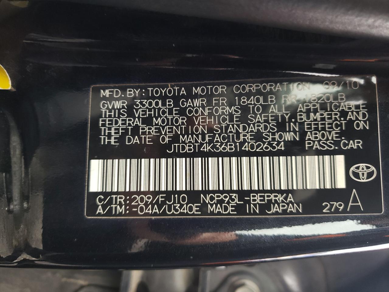 Photo 10 from auction – 2011 TOYOTA YARIS with VIN JTDBT4K36B1402634