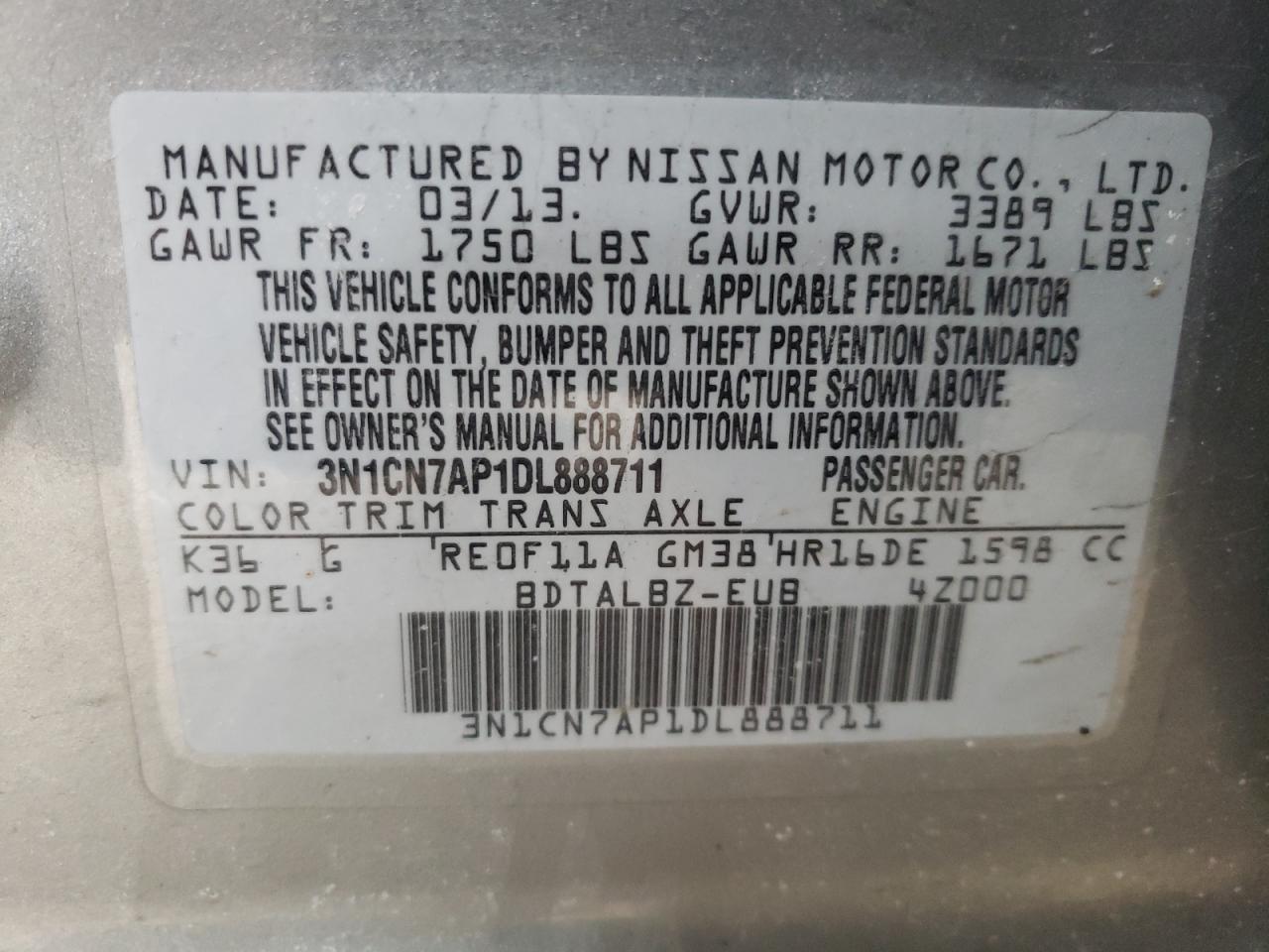 Photo 10 from auction – 2013 NISSAN VERSA S with VIN 3N1CN7AP1DL888711