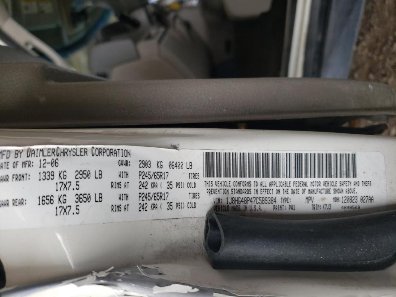 Photo 10 from auction – 2007 JEEP COMMANDER with VIN 1J8HG48P47C589384