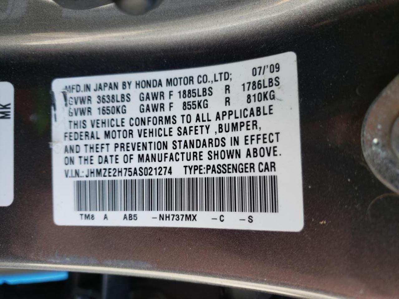 Photo 10 from auction – 2010 HONDA INSIGHT EX with VIN JHMZE2H75AS021274
