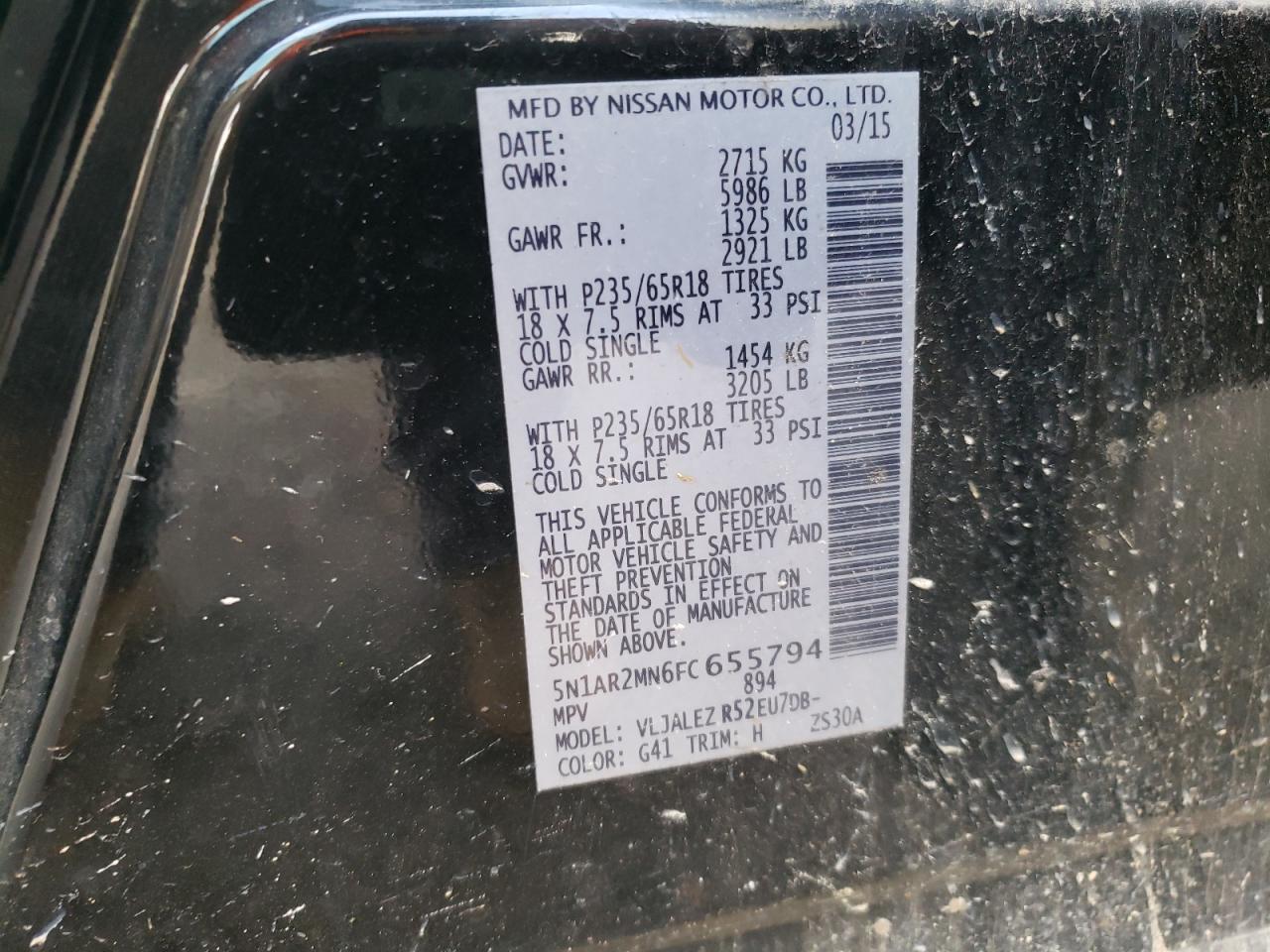 Photo 10 from auction – 2015 NISSAN PATHFINDER with VIN 5N1AR2MN6FC655794