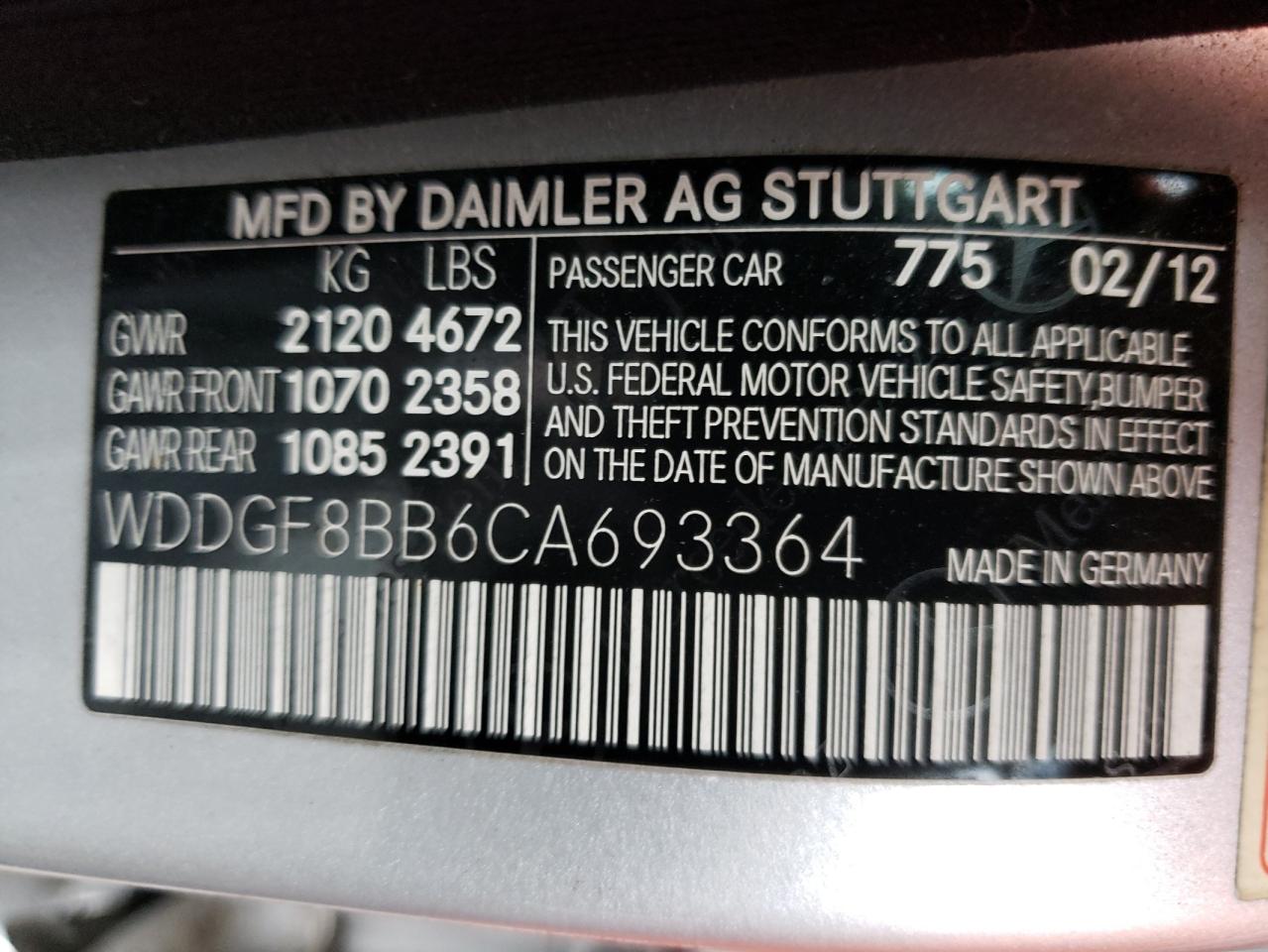 Photo 10 from auction – 2012 MERCEDES-BENZ C 300 4MAT with VIN WDDGF8BB6CA693364