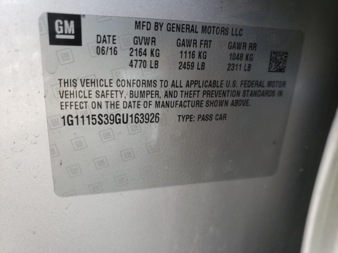 Photo 10 from auction – 2016 CHEVROLET IMPALA LT with VIN 1G1115S39GU163926