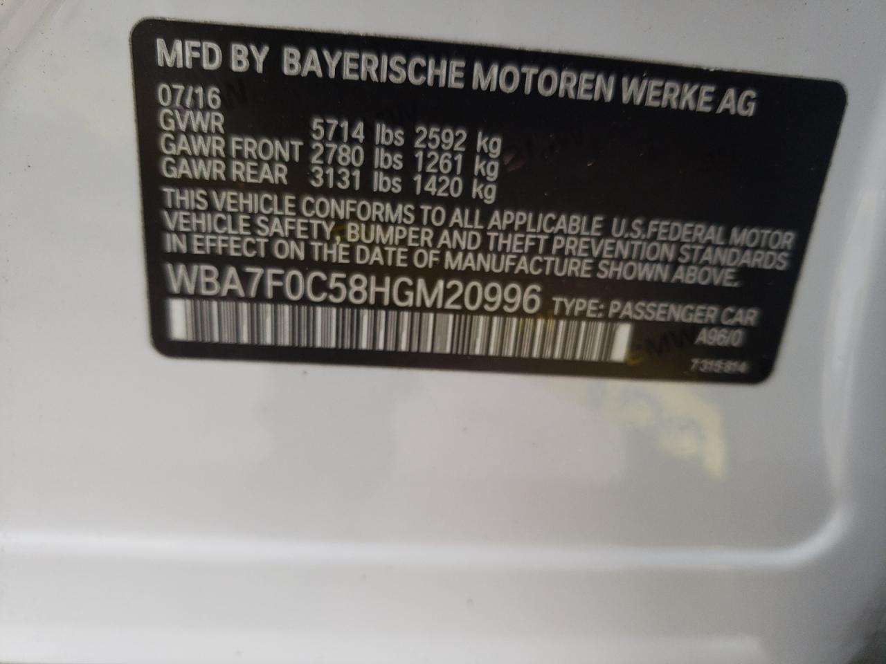 Photo 10 from auction – 2017 BMW 750 I with VIN WBA7F0C58HGM20996