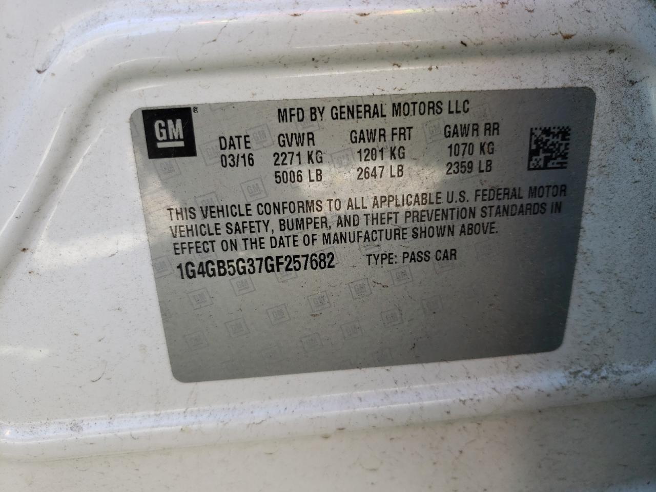 Photo 10 from auction – 2016 BUICK LACROSSE with VIN 1G4GB5G37GF257682
