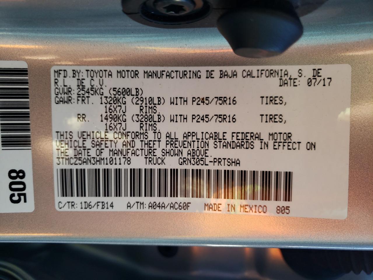 Photo 10 from auction – 2017 TOYOTA TACOMA DOU with VIN 3TMCZ5AN3HM101178