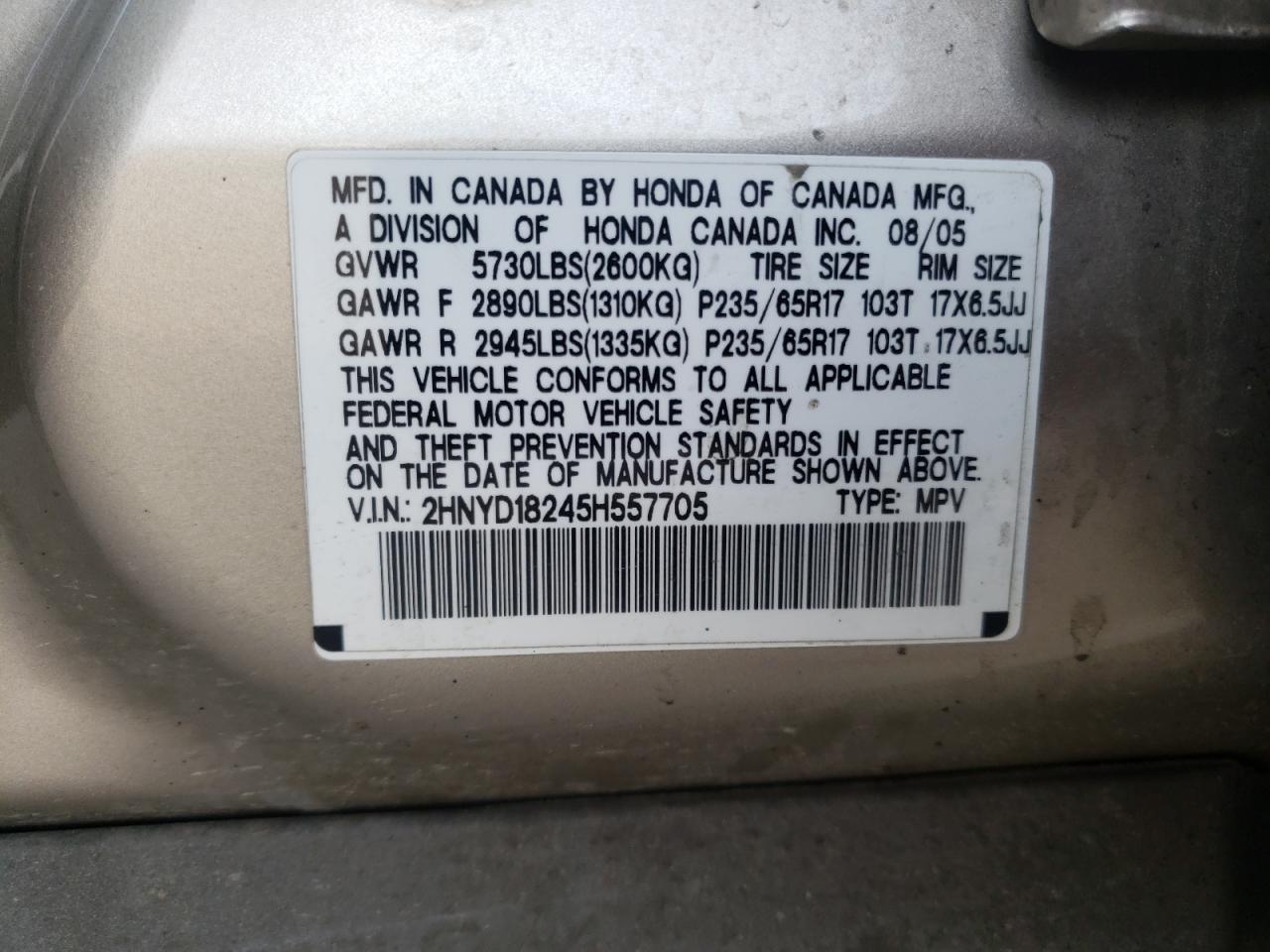 Photo 10 from auction – 2005 ACURA MDX with VIN 2HNYD18245H557705