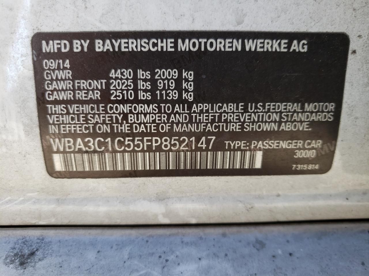 Photo 10 from auction – 2015 BMW 328 I SULE with VIN WBA3C1C55FP852147