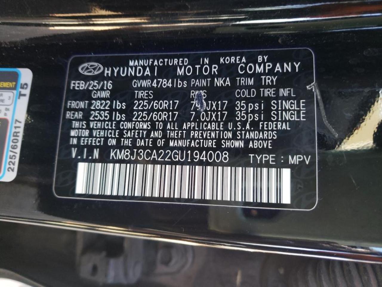 Photo 10 from auction – 2016 HYUNDAI TUCSON LIM with VIN KM8J3CA22GU194008