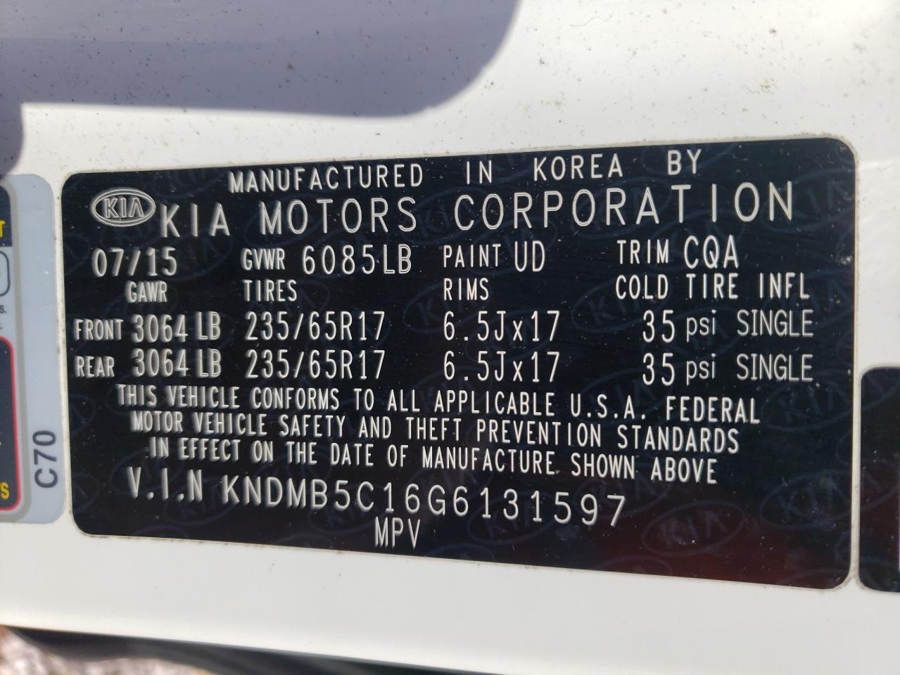 Photo 10 from auction – 2016 KIA SEDONA LX with VIN KNDMB5C16G6131597