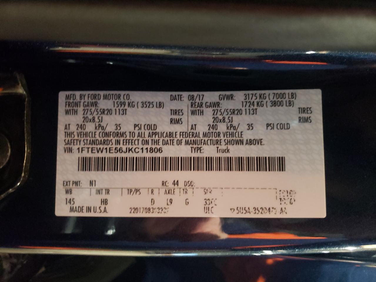 Photo 10 from auction – 2018 FORD F150 SUPER with VIN 1FTEW1E56JKC11806