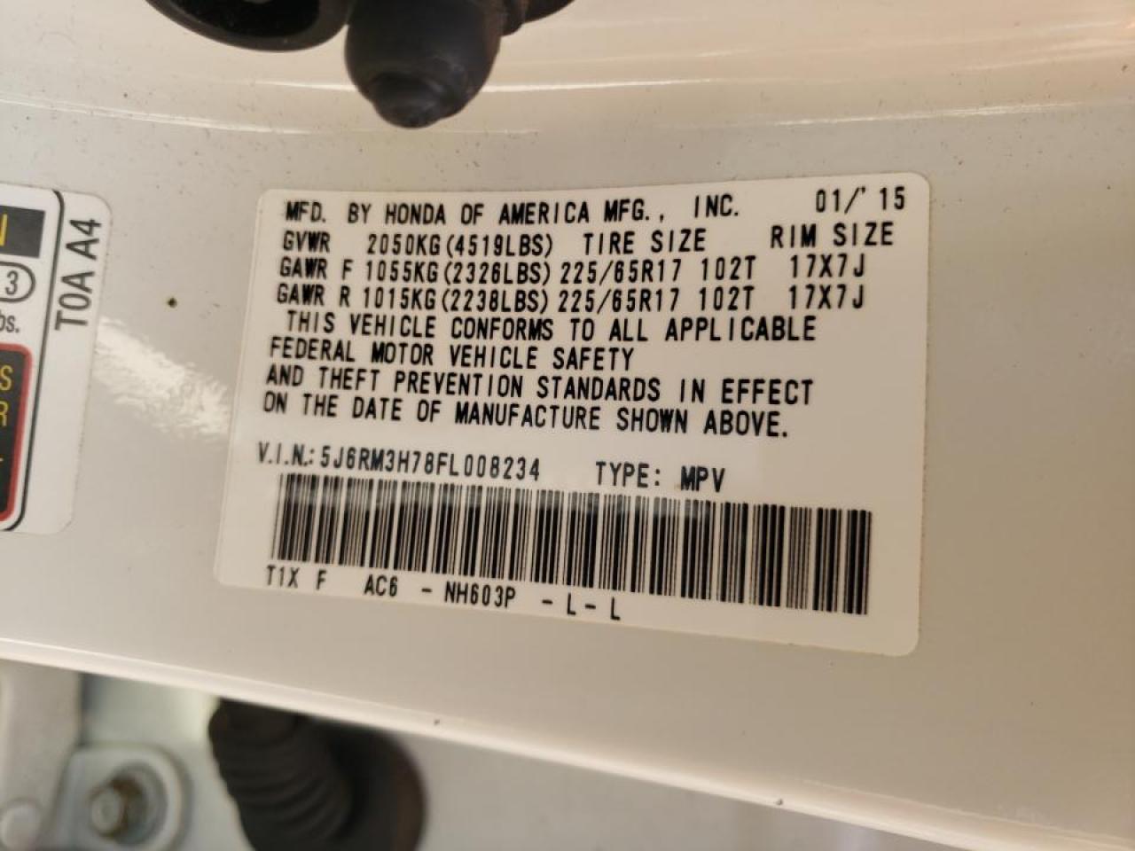 Photo 10 from auction – 2015 HONDA CR-V EXL with VIN 5J6RM3H78FL008234