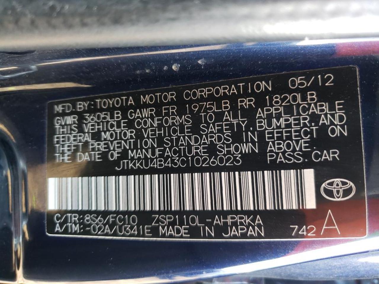 Photo 10 from auction – 2012 TOYOTA SCION XD with VIN JTKKU4B43C1026023