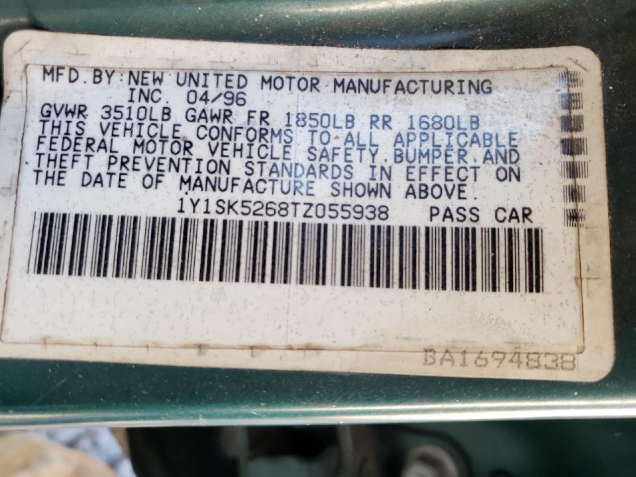 Photo 10 from auction – 1996 GEO PRIZM BASE with VIN 1Y1SK5268TZ055938