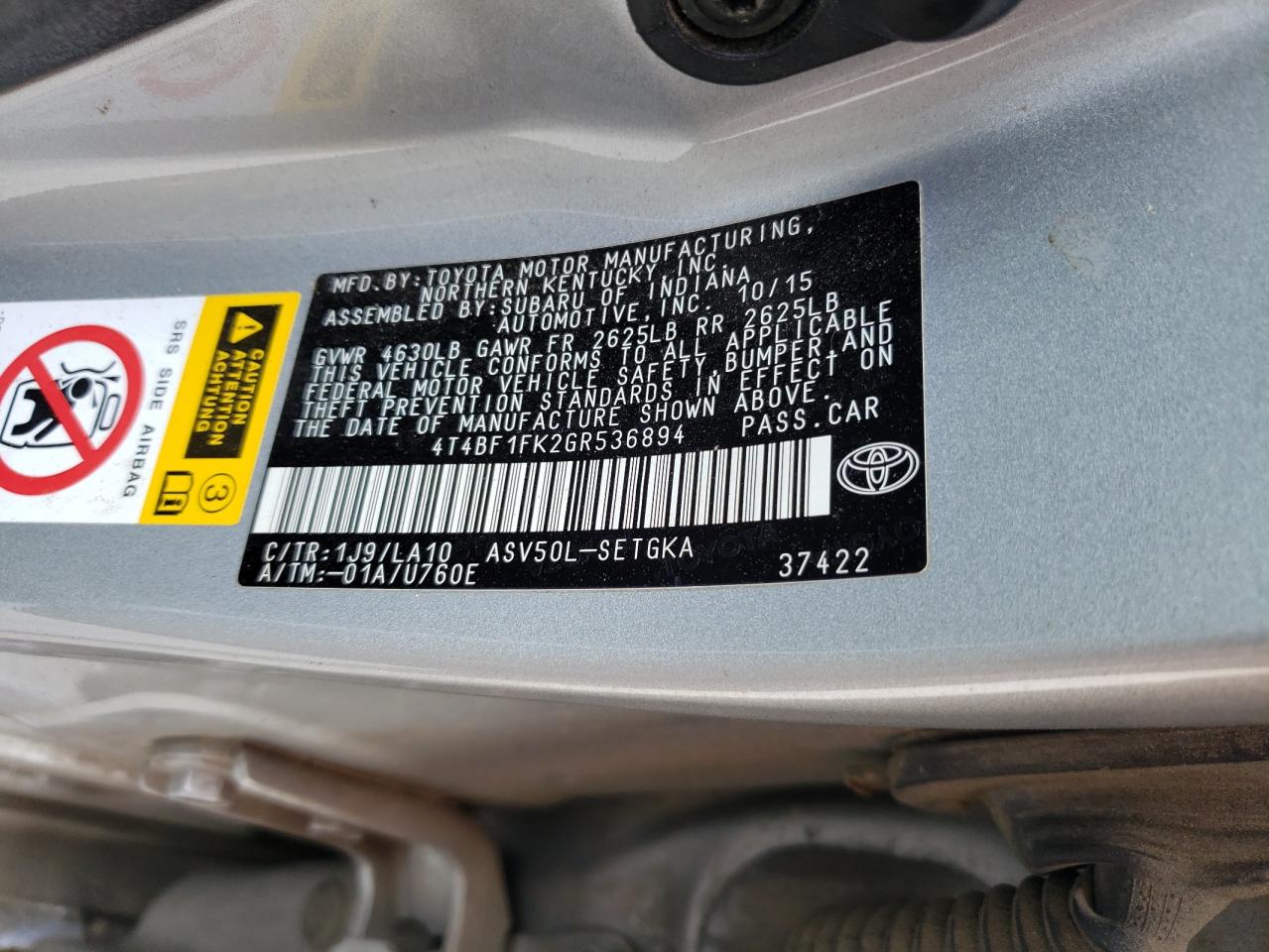 Photo 10 from auction – 2016 TOYOTA CAMRY LE with VIN 4T4BF1FK2GR536894