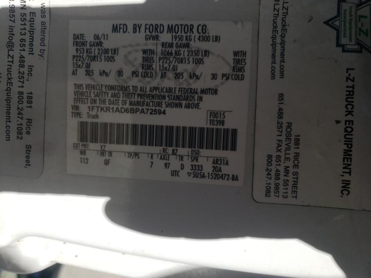 Photo 10 from auction – 2011 FORD RANGER with VIN 1FTKR1AD6BPA72594