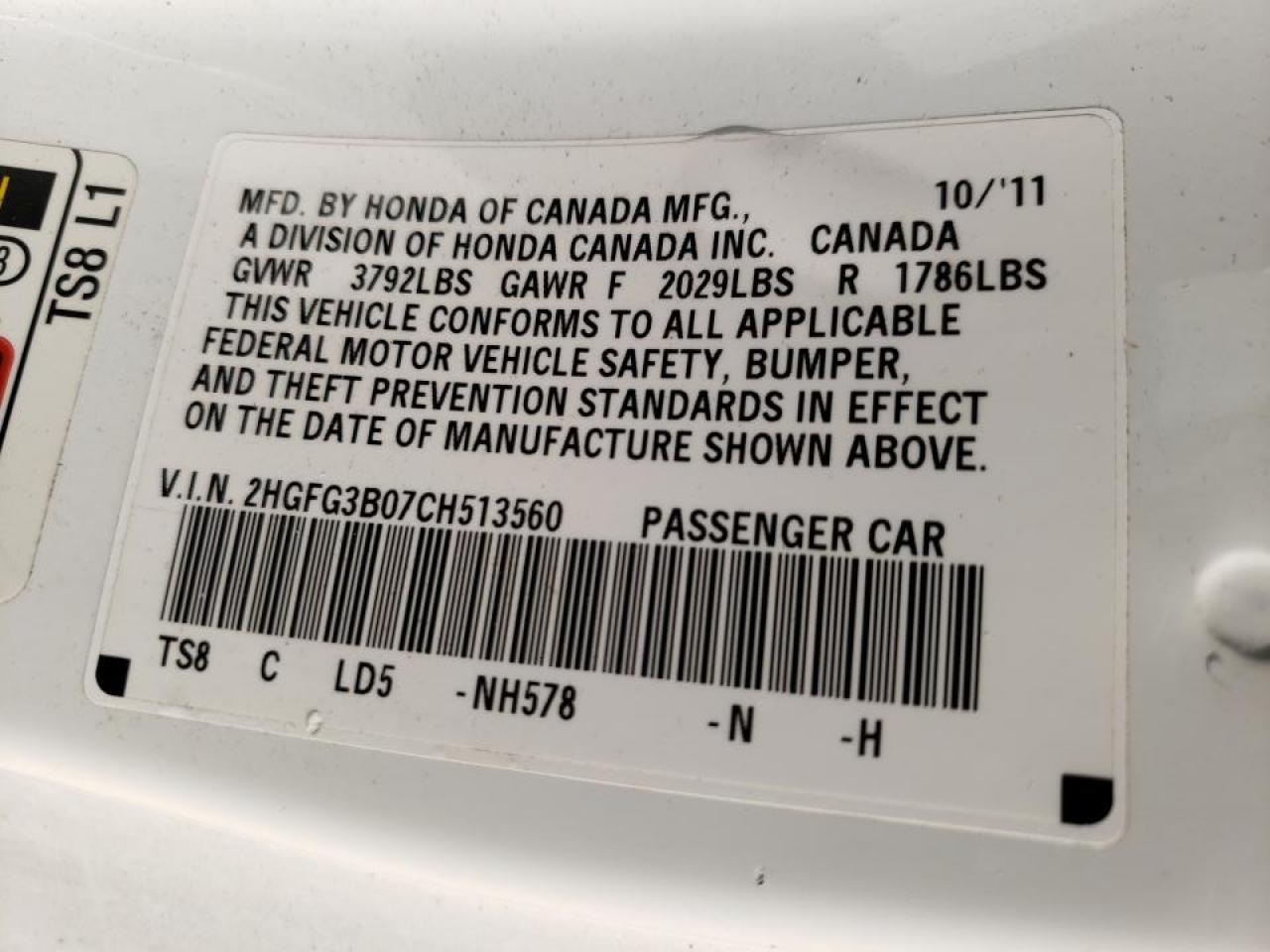 Photo 10 from auction – 2012 HONDA CIVIC EXL with VIN 2HGFG3B07CH513560