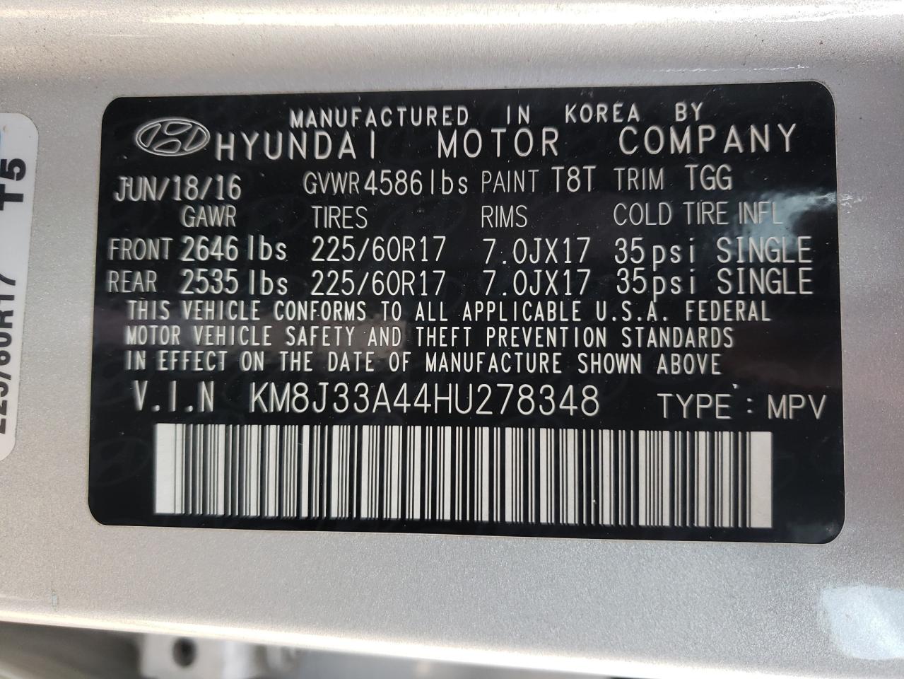Photo 10 from auction – 2017 HYUNDAI TUCSON LIM with VIN KM8J33A44HU278348
