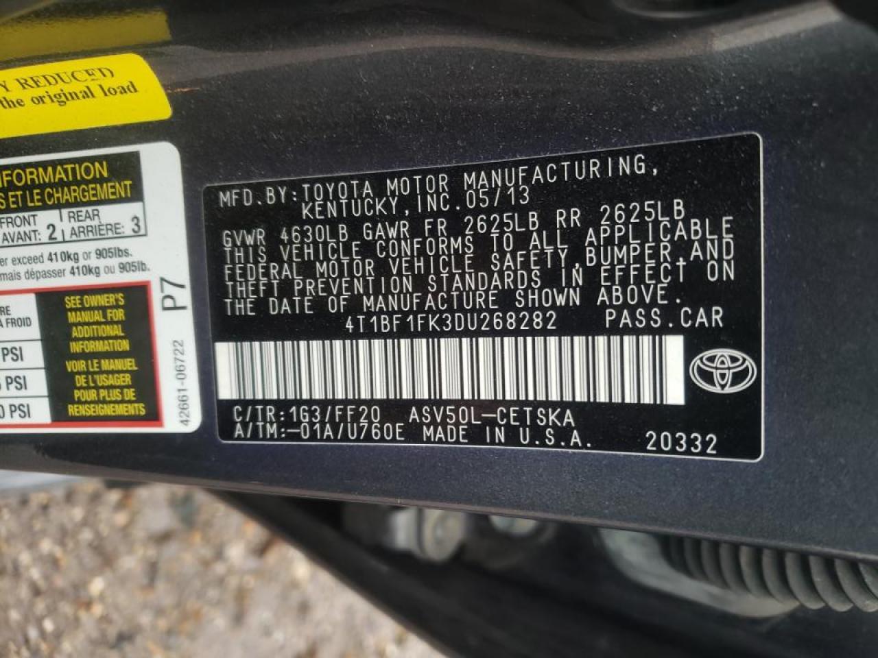 Photo 10 from auction – 2013 TOYOTA CAMRY L with VIN 4T1BF1FK3DU268282