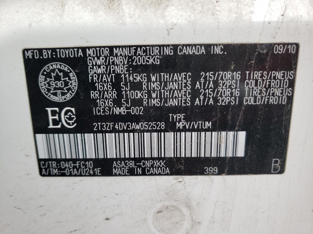 Photo 10 from auction – 2010 TOYOTA RAV4 with VIN 2T3ZF4DV3AW052528
