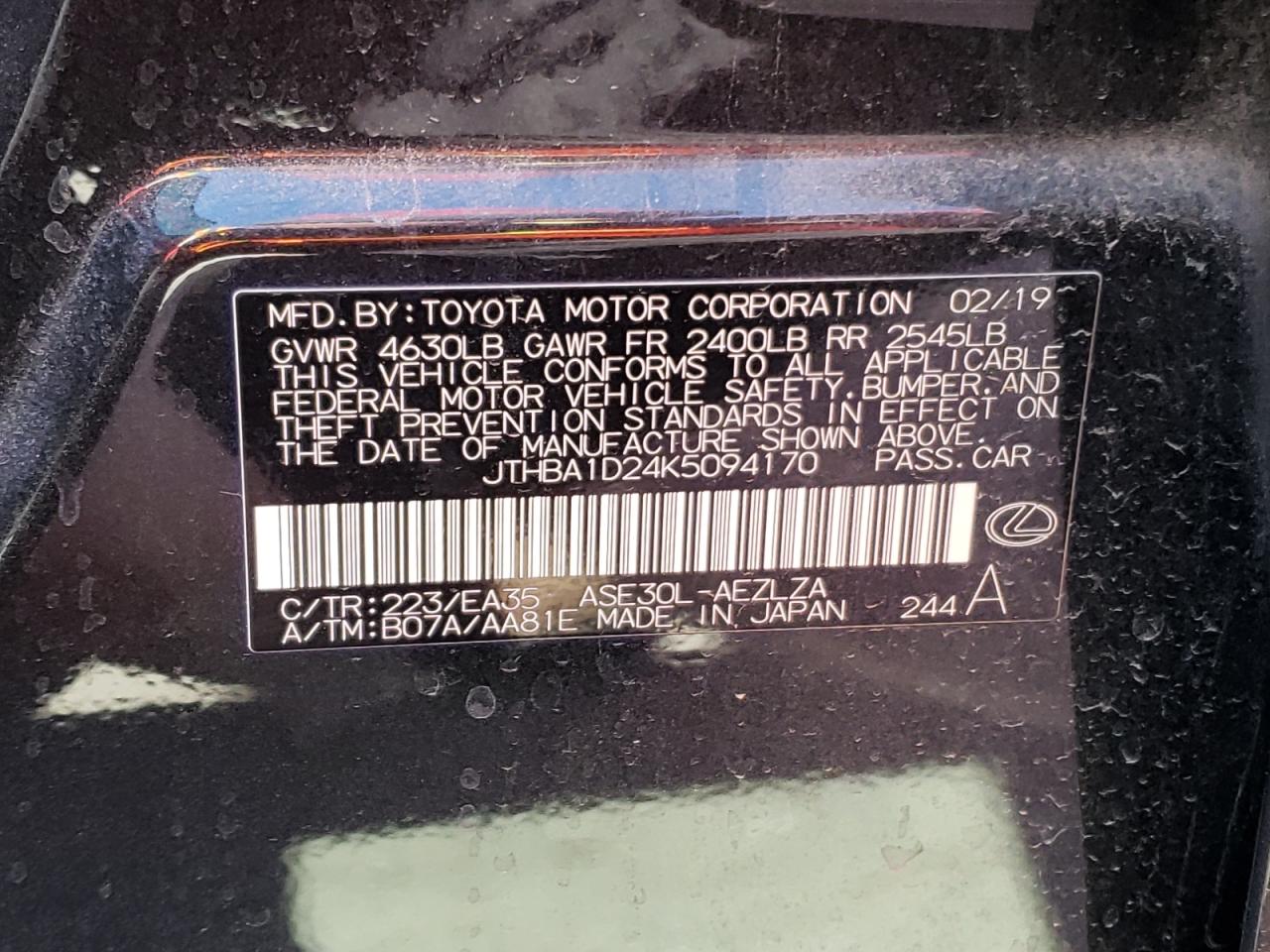 Photo 10 from auction – 2019 LEXUS IS 300 with VIN JTHBA1D24K5094170